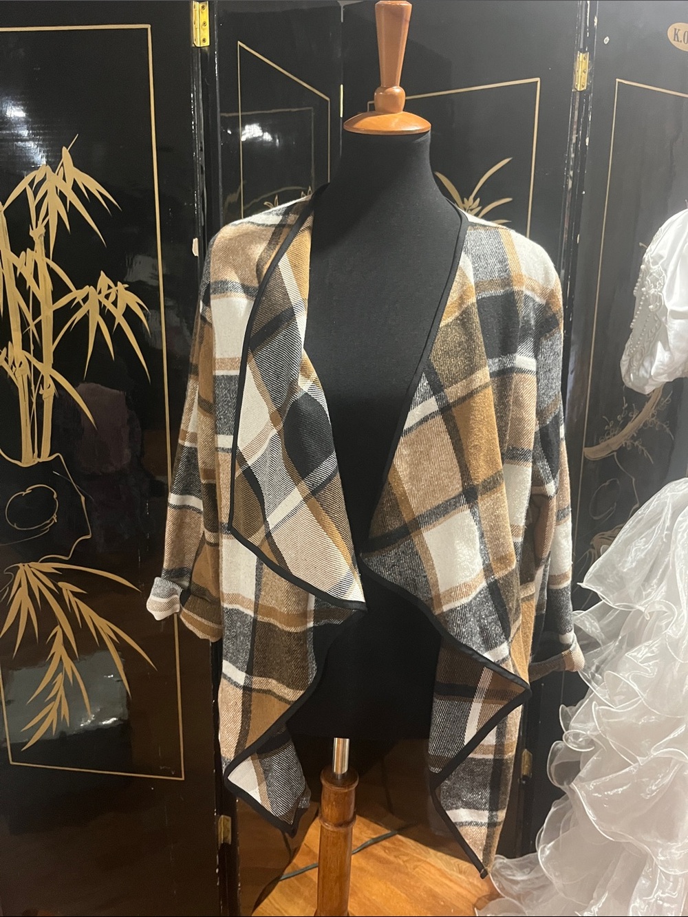 Plaid Cascade Open-Front Women's cardigan- Brown/Black/White